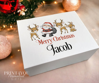 Personalised Reindeer & Santa Christmas Eve keepsake box with custom name, small magnetic gift box 12x16x6.5cm