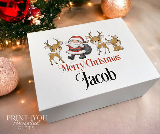 Christmas Eve Personalised Gift Box, Babies First xmas keepsake box, Magnetic closed white box, Reindeers and Santa Merry Christmas - Small 12x16x6.5 cm