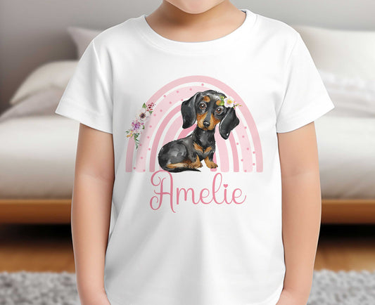 Children's White Cotton Personalised T – shirt – Pink Rainbow with dachshund puppy dog - 6-12 months  T-shirt