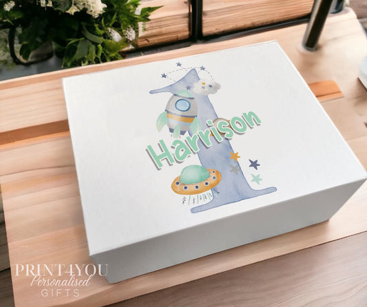 Personalised Baby's First Birthday Keepsake Box: White Sturdy Card with Magnetic Closure – Space Rocket Number One 1st Birthday - Medium 16x20x8 cm Centimeters