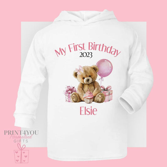 Personalised girls teddy first birthday hooded t-shirt in soft white cotton jersey, size 6-12 months.
