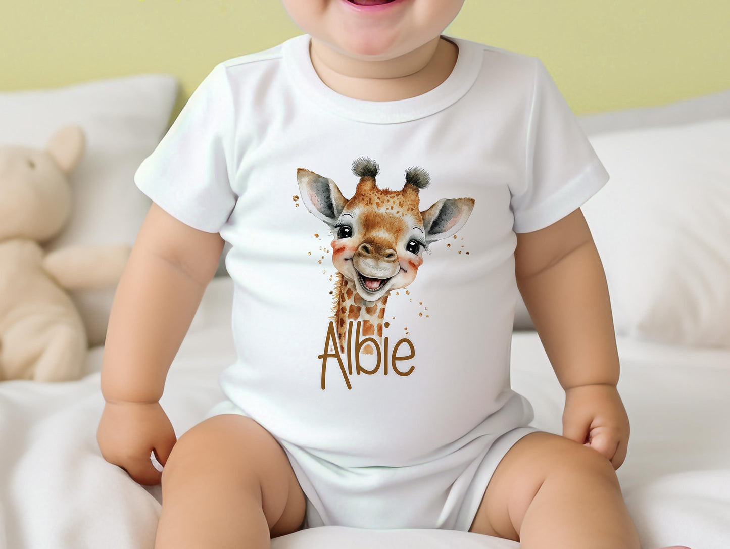 Personalised safari giraffe new baby gift set, printed with your baby's name on soft cotton.