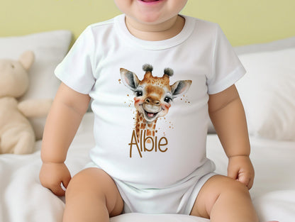 Personalised safari giraffe new baby gift set, printed with your baby's name on soft cotton.