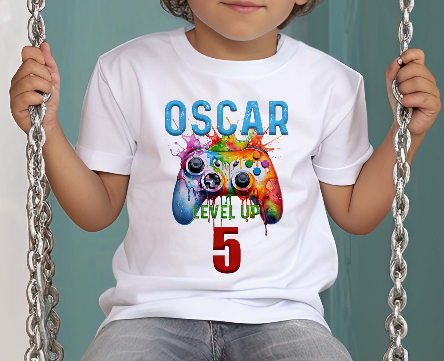 Personalised Birthday Gaming Controller T – Shirt – White Cotton – Ages 1 – 12yrs – "Level Up" – Perfect Birthday Gift - 6-12 months