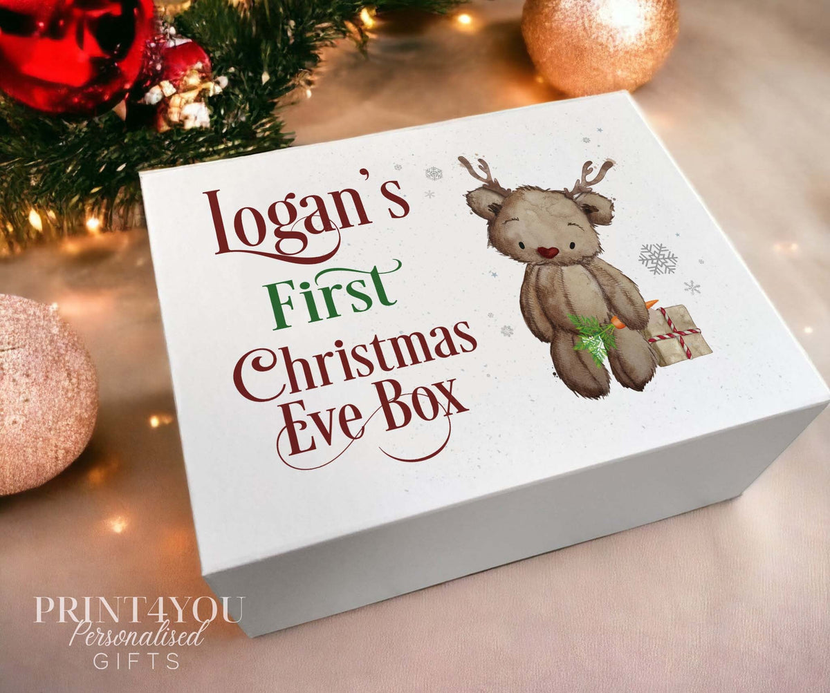 Personalised reindeer bear Christmas Eve gift box, small size, magnetic white box with a custom name printed on the front