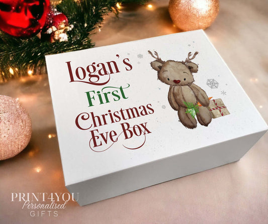 Christmas Eve Personalised Gift Box, Babies First xmas keepsake box, Magnetic closed white box, Reindeer Bear with carrot - Small 12x16x6.5 cm