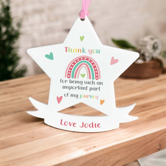 Personalised acrylic star with rainbow hearts thank you design and custom name, without gift box