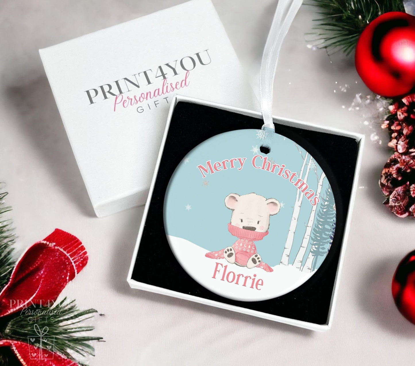 Personalised Ceramic Bauble – Pink Sweater Polar Bear – Custom Christmas Tree Decoration - Yes Please