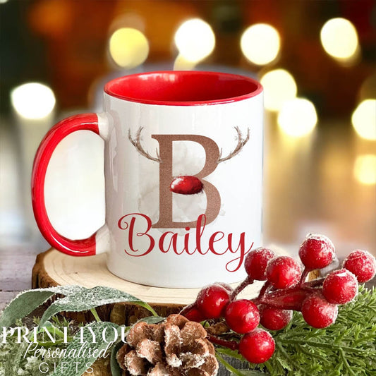 Red Trim Reindeer Initial Personalised Christmas gift mug - Plain White Mug