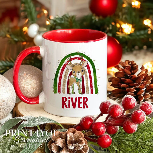 Rainbow Reindeer Personalised White mug Christmas stocking filler gift red handle - Plain White Mug