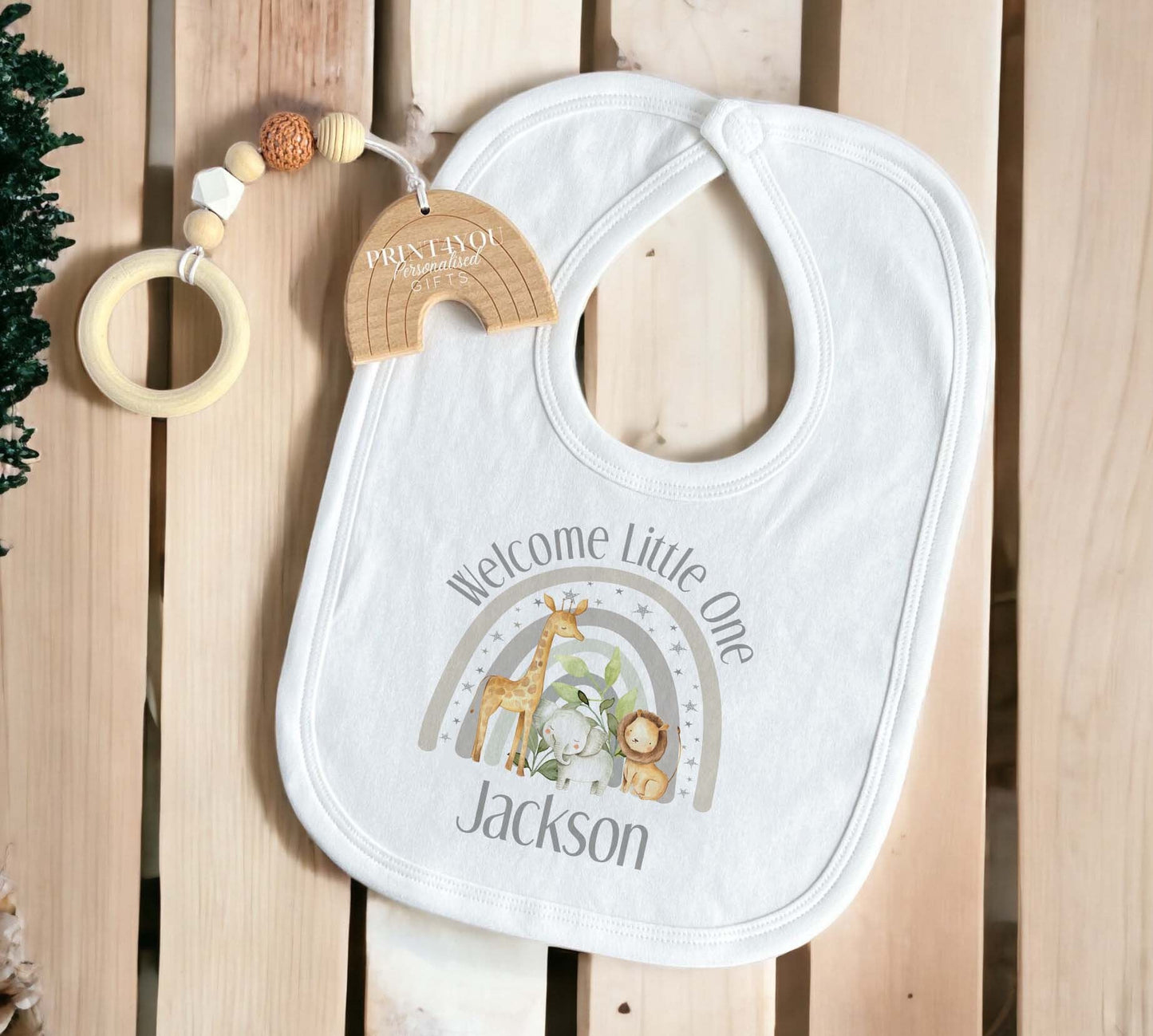 Full range of personalised welcome baby grey safari garments available to choose from.