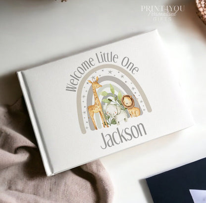 Personalised Luxury Padded Guest Book with UV Printed Grey Rainbow and Safari Animals – New Baby Keepsake