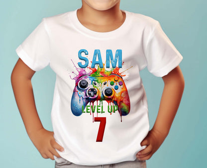 Personalised Birthday Gaming Controller T – Shirt – White Cotton – Ages 1 – 12yrs – "Level Up" – Perfect Birthday Gift - 6-12 months