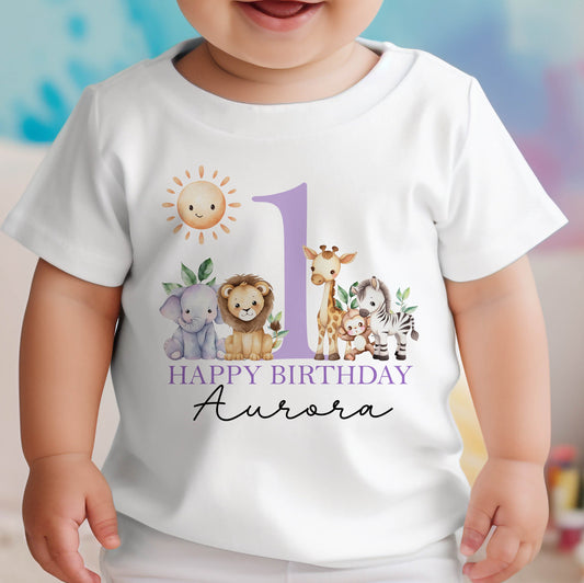 Personalised safari lilac first birthday bib with jungle animal artwork and the baby's name.
