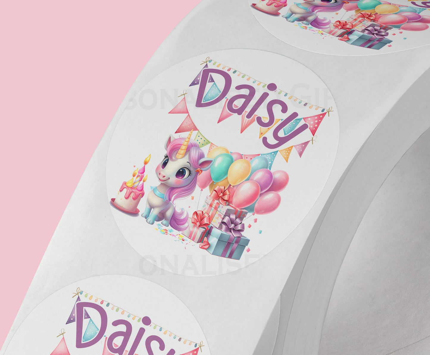 Personalised Unicorn Rainbow Birthday Stickers – High – Quality Shiny White Gloss 5cm Stickers – Perfect for Party Bags, Wedding Favours - Strips (5cm each)