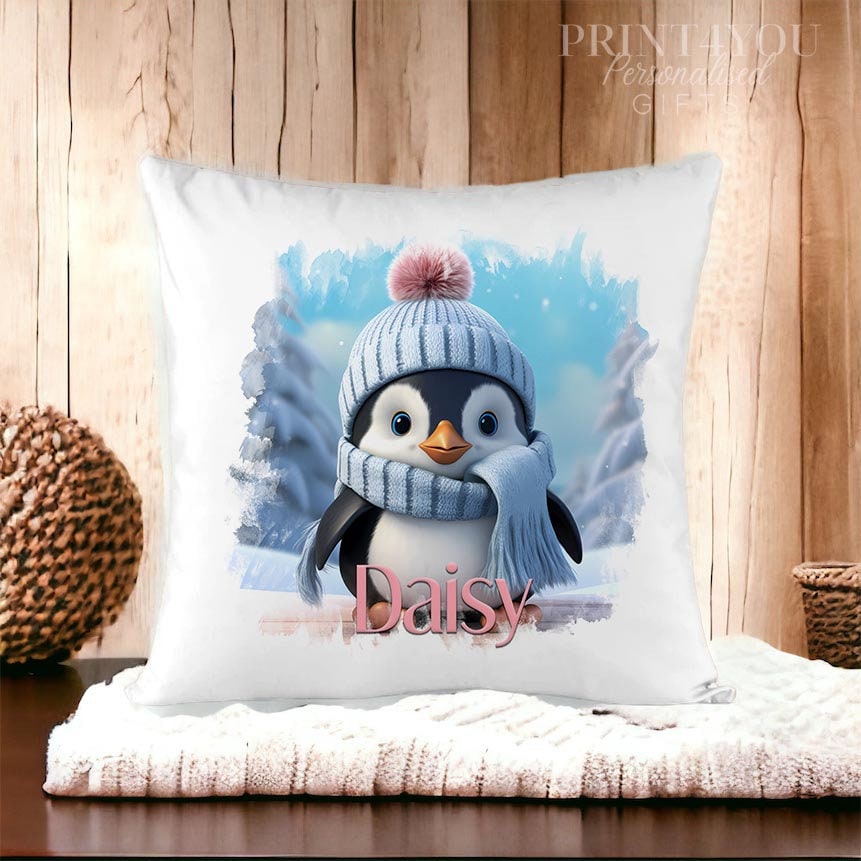 Personalised Cushion Cover – Christmas Penguin Design – Soft Washable Pillow Case 40x40 cm - Cushion cover only