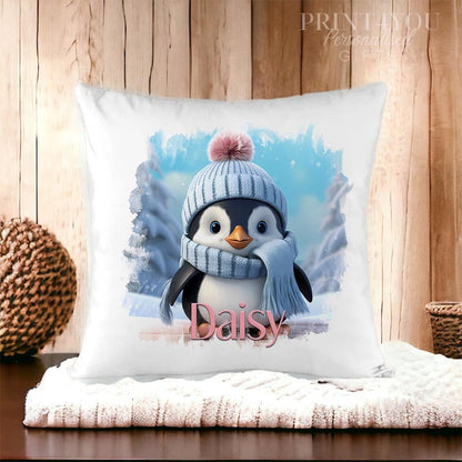 Personalised Cushion Cover – Christmas Penguin Design – Soft Washable Pillow Case 40x40 cm - Cushion cover only