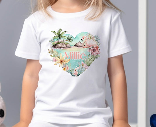 Tropical Paradise Flamingo Heart Personalised T – shirt – Girls Children's White Cotton Graphic Tee, First Holiday T – shirt - 6-12 months  T-shirt