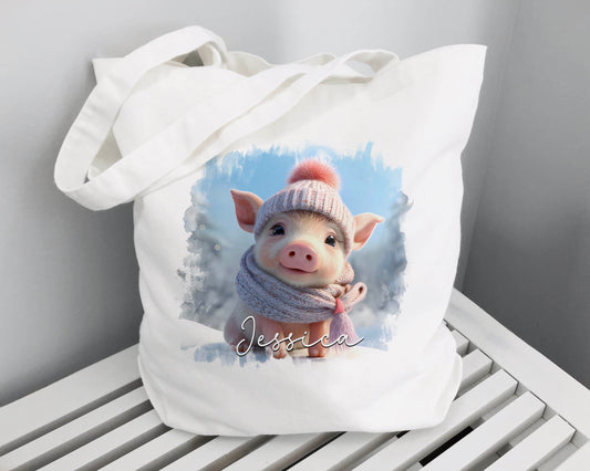 Pig Design Cotton Tote Bag – Durable Reusable Shopping Bag, 10L