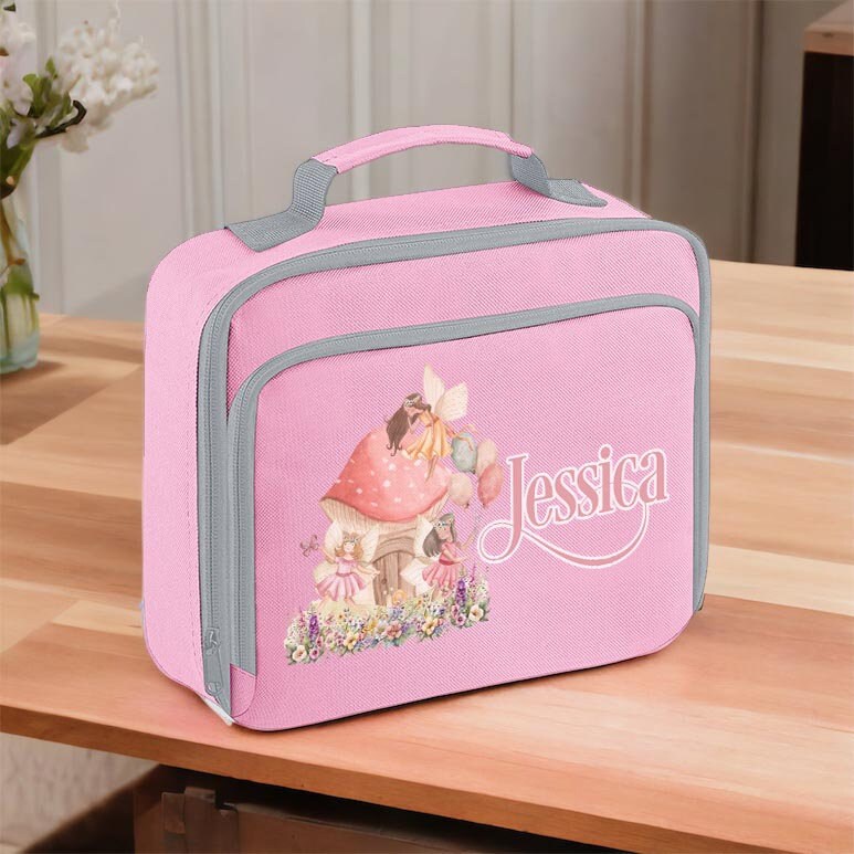 Pink insulated lunch cooler bag with front zip compartment and grab handle, personalised with a name