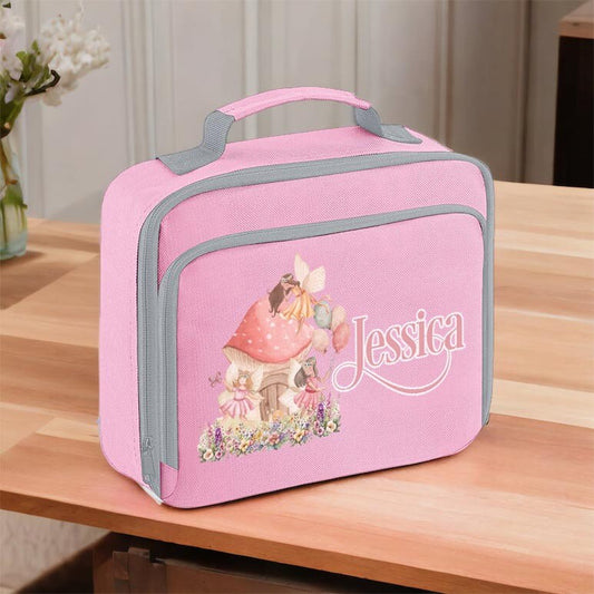 Pink insulated lunch cooler bag with front zip compartment and grab handle, personalised with a name