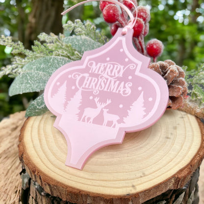 Pearlised Pink Arabesque Acrylic Tree Decoration – Merry Christmas Snow Scene and Deer