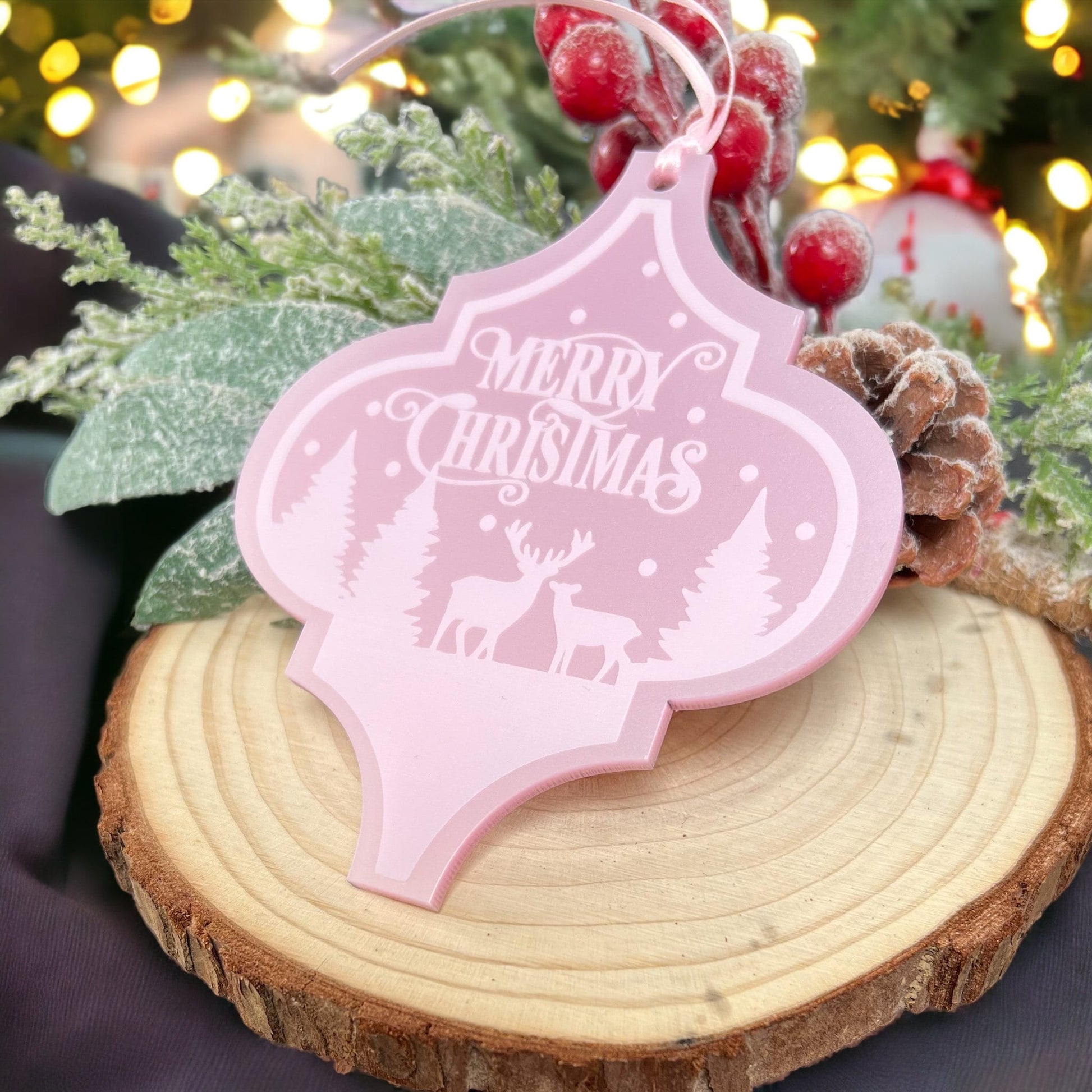 Pearlised Pink Arabesque Acrylic Tree Decoration – Merry Christmas Snow Scene and Deer - Yes please