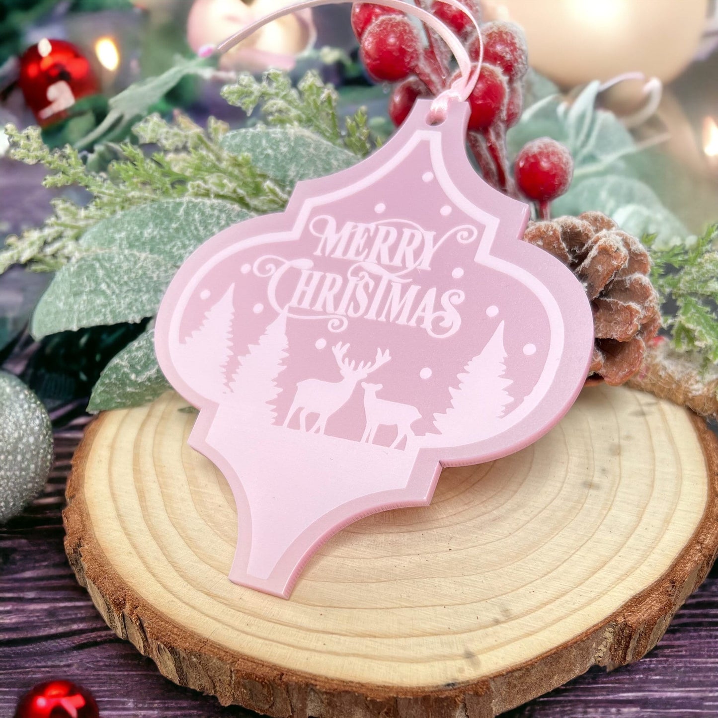 Pearlised Pink Arabesque Acrylic Tree Decoration – Merry Christmas Snow Scene and Deer - No thanks