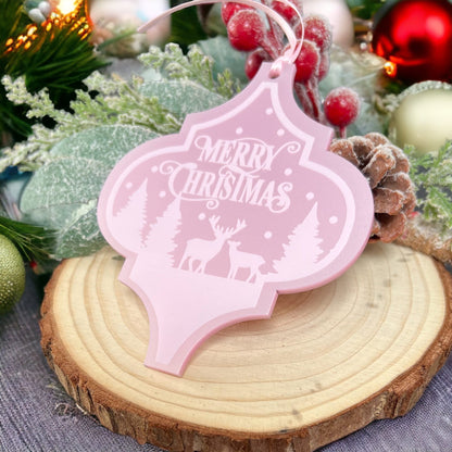 Pearlised Pink Arabesque Acrylic Tree Decoration – Merry Christmas Snow Scene and Deer