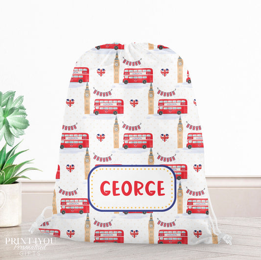 Drawstring PE bag printed with a fun London landmarks design, personalised with a child's name across the front