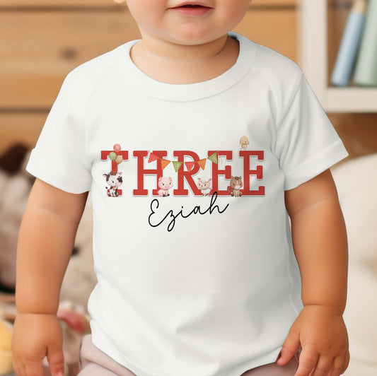 Personalised Girls Farmyard Birthday T – Shirt Age Three – Cotton White Top, Fun farm animals with a red theme, third birthday - T-shirt 1-2yrs