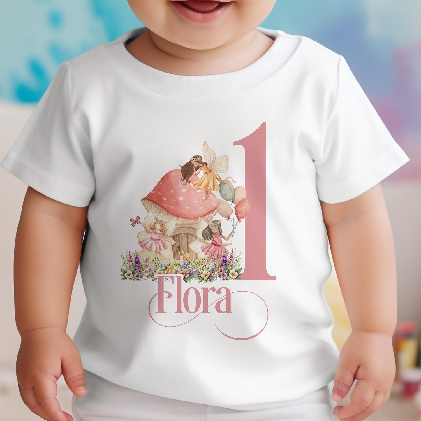 Personalised fairytale fairies first birthday outfit styled for a cake smash celebration.