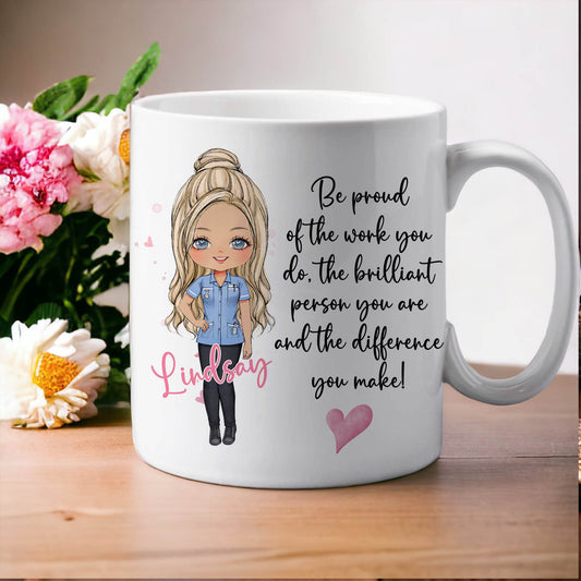 Personalised nurse mug with a nurse graphic and 'Be proud' message, front view