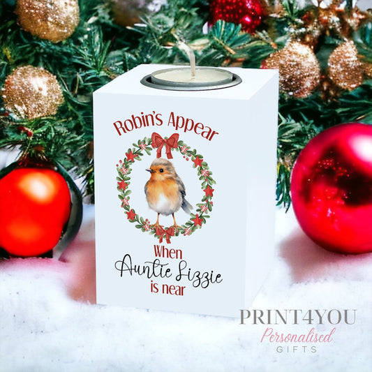 Robins Appear Personalised Memorial Tealight Holder – White Wooden Candle Holder