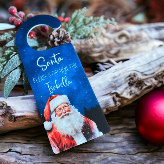 Personalised Santa Stop Here door hanger with Father Christmas design, front view
