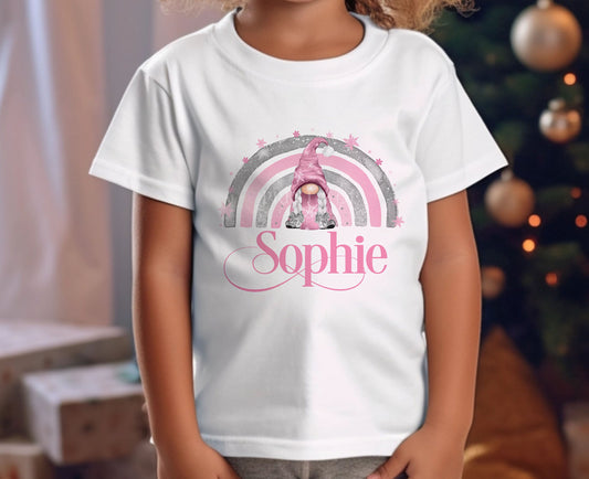 Personalised Children's Christmas T – Shirt – Girls Design, Pink Christmas Rainbow with Gonk Gnome and Name - 6-12 months  T-shirt