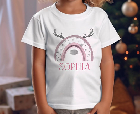 Personalised Children's Christmas T – Shirt – Girls Design, Pink Christmas Reindeer Rainbow and Name - 6-12 months  T-shirt