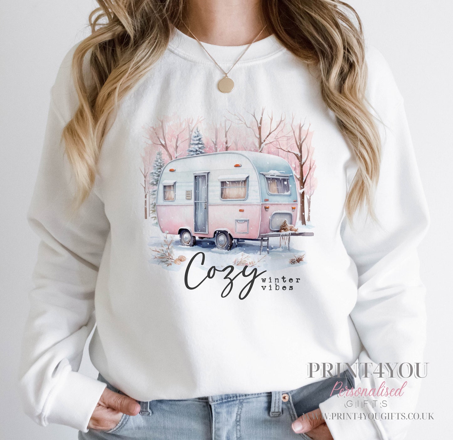 Ladies Christmas Jumper, Ladies White Festive Sweatshirt, Cozy Winter Vibes Caravan - 8