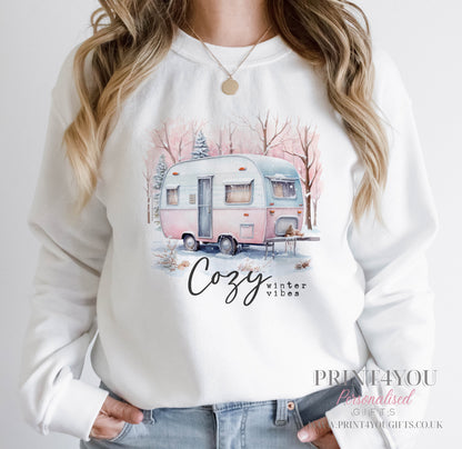 Ladies Christmas Jumper, Ladies White Festive Sweatshirt, Cozy Winter Vibes Caravan - 8
