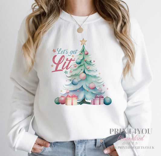 Ladies white Christmas sweatshirt with Let's Git Lit slogan print, front view