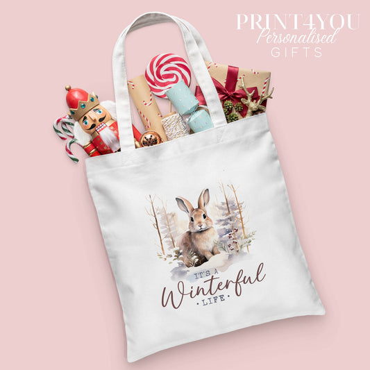 Personalised Winter Bunny Christmas Tote Bag – Eco-Friendly Cotton Shopper