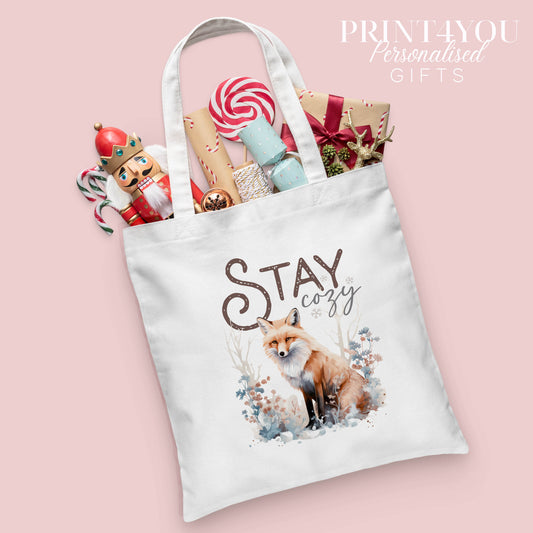 Woodland Fox Cotton Tote Bag – Festive Christmas Shopping Bag, 10L