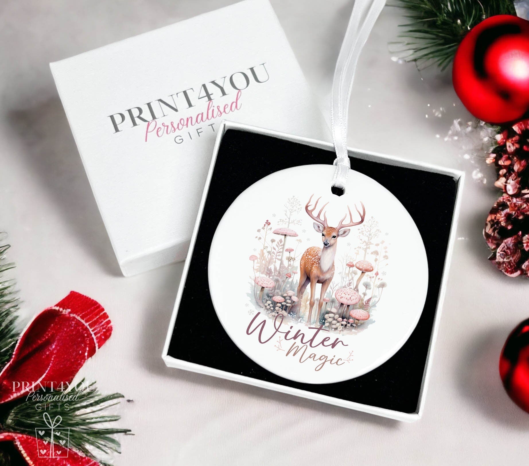 Winter magic Reindeer Deer Christmas tree ceramic bauble disc decoration with ribbon - Yes Please