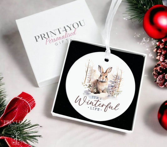 Winterful Life Bunny Rabbit Christmas tree ceramic bauble disc decoration with ribbon - Yes Please