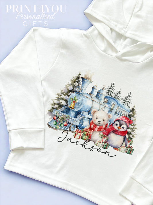 Christmas T – shirt with hood – personalised cotton jersey top, Lightweight long – sleeved tee, Train with Polar bear and Penguin, Express Train - 6-12m