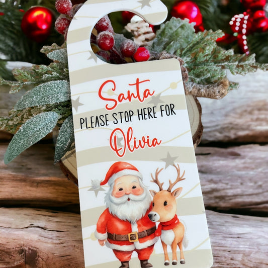 personalised Please Stop Here Sign, Santa Stop Here Door Hanger Father Christmas / Santa and Reindeer