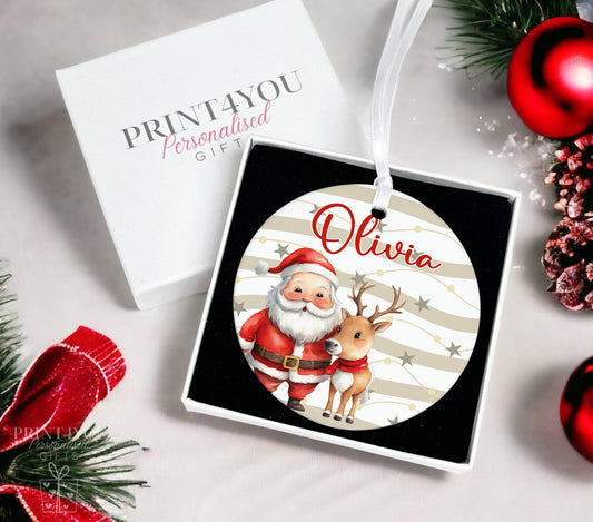 Personalised ceramic hanging bauble disc decoration with ribbon – Childrens Christmas Keepsake – Father Christmas and Reindeer - Yes Please