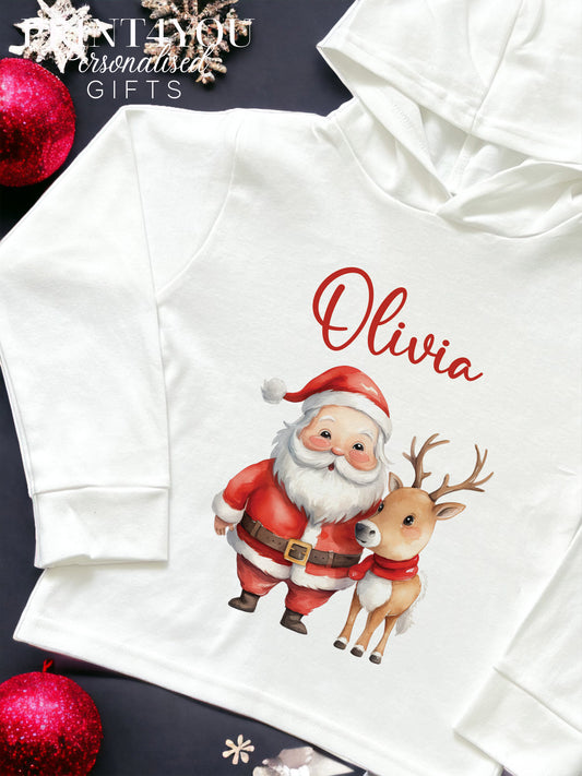 Christmas T – shirt with hood – personalised cotton jersey top, Lightweight long – sleeved tee, Father Christmas and Reindeer - 6-12m