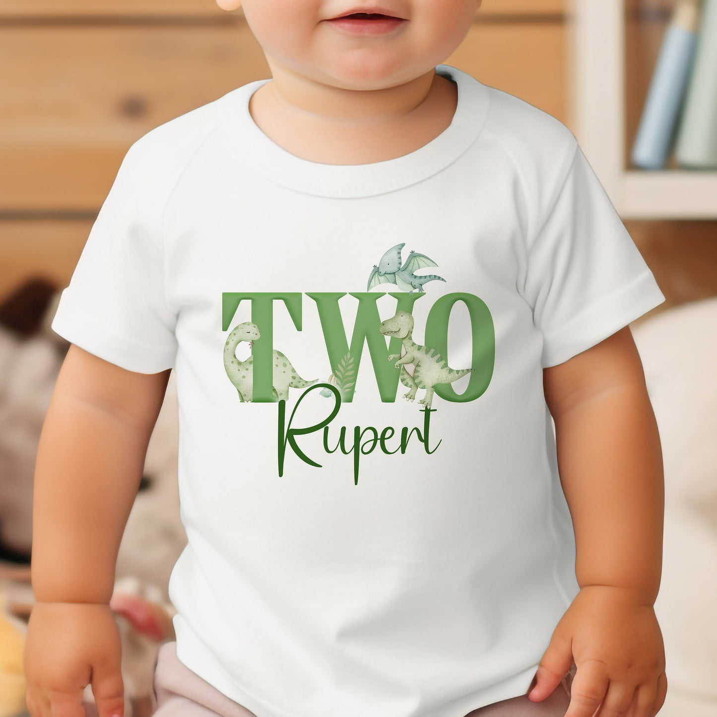 Personalised boys green dinosaur birthday t-shirt, white cotton, age 1-2 years – Print4You Personalised Gifts