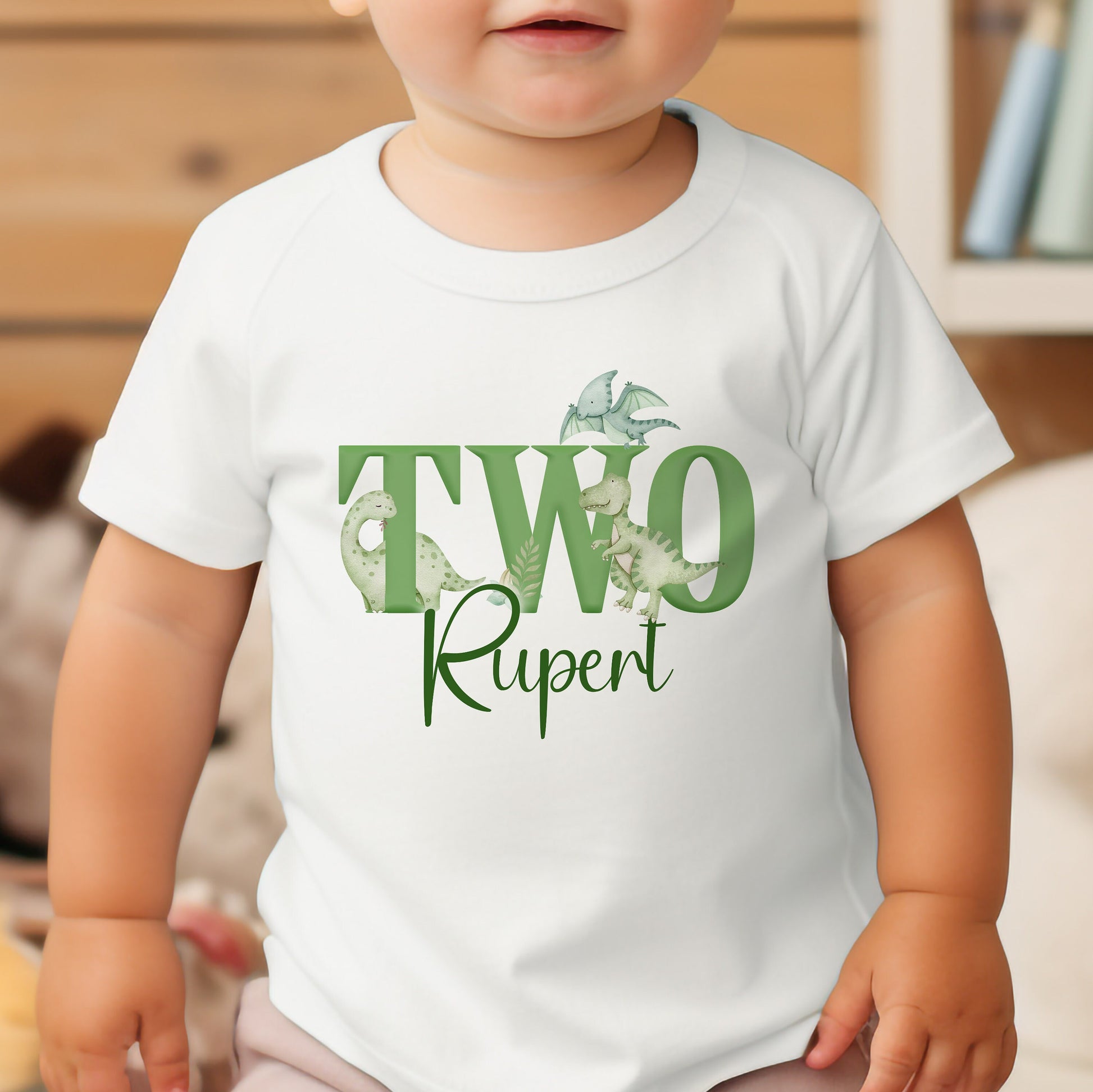 Personalised boys green dinosaur birthday t-shirt, white cotton, age 1-2 years – Print4You Personalised Gifts